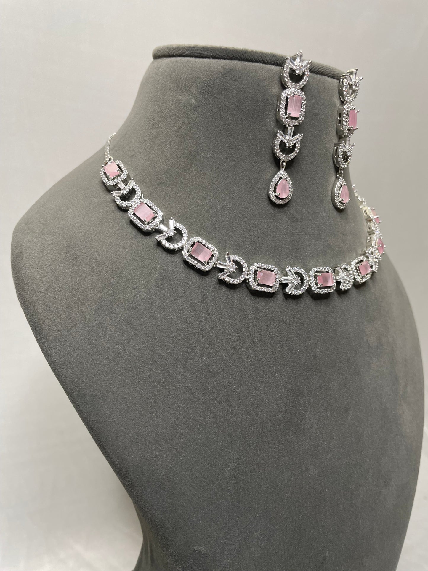 Elegant Round Baby Pink American Diamond Necklace Set