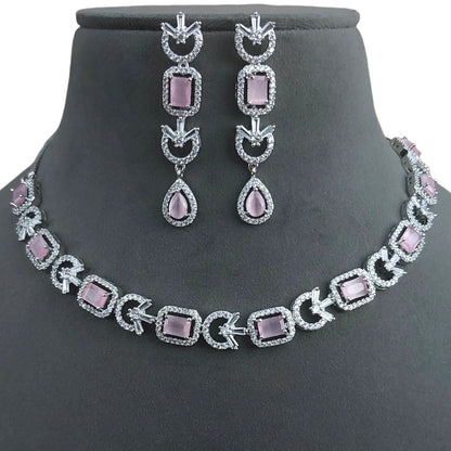 Elegant Round Baby Pink American Diamond Necklace Set