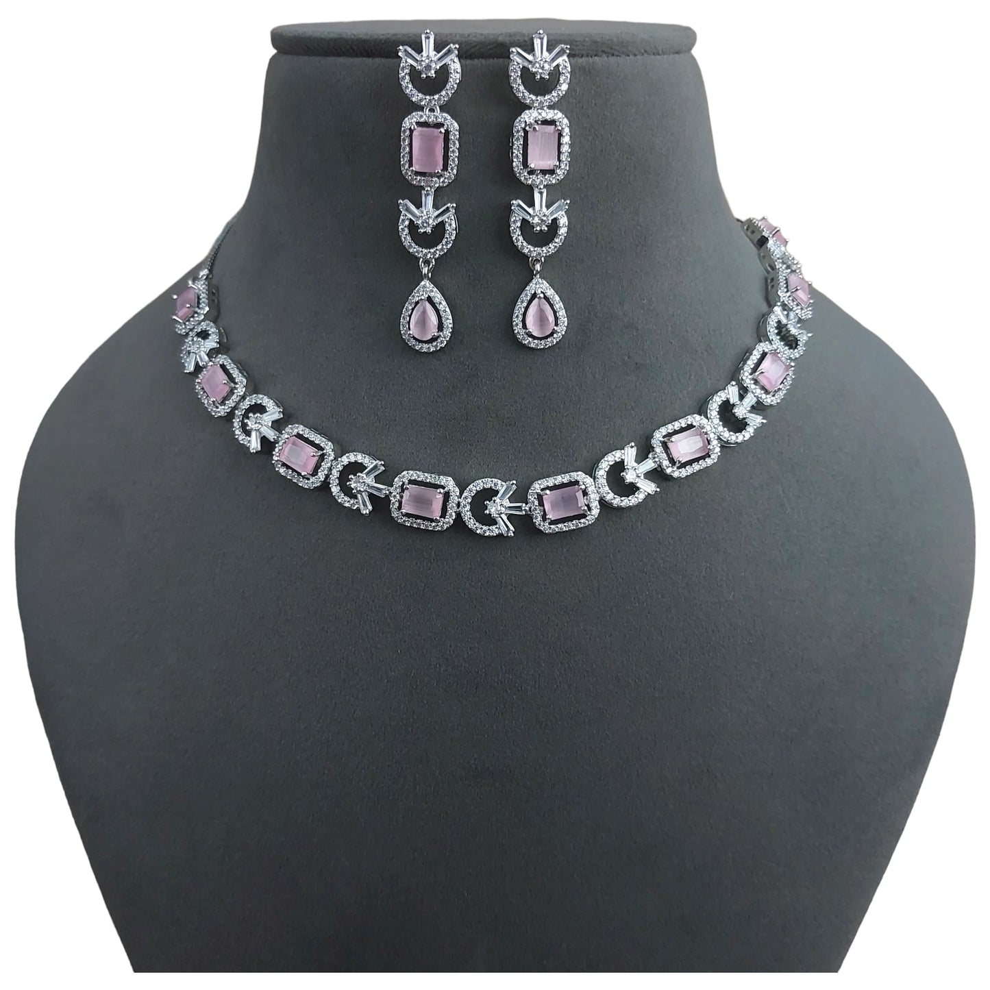 Elegant Round Baby Pink American Diamond Necklace Set