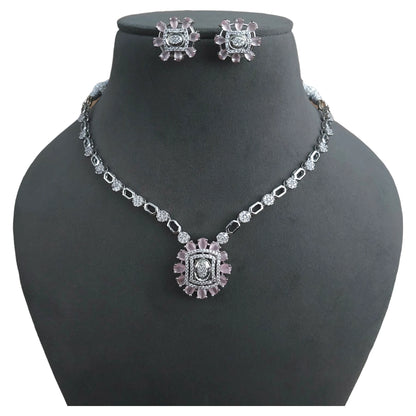 Stunning American Diamond Necklace Set in Baby Pink