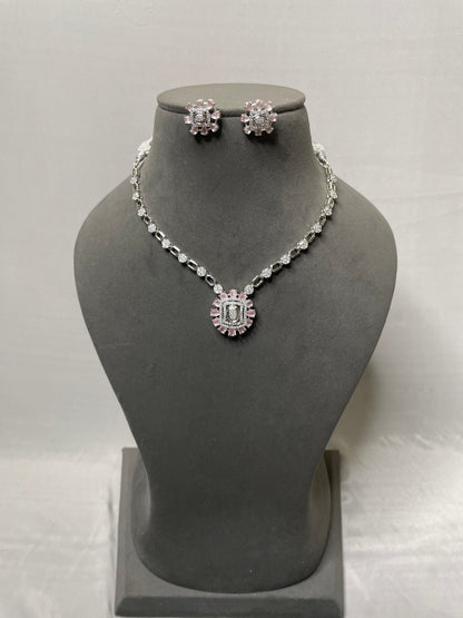 Stunning American Diamond Necklace Set in Baby Pink