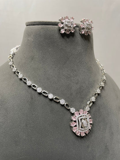 Stunning American Diamond Necklace Set in Baby Pink