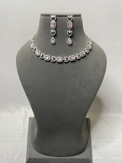 Elegant Round Baby Pink American Diamond Necklace Set