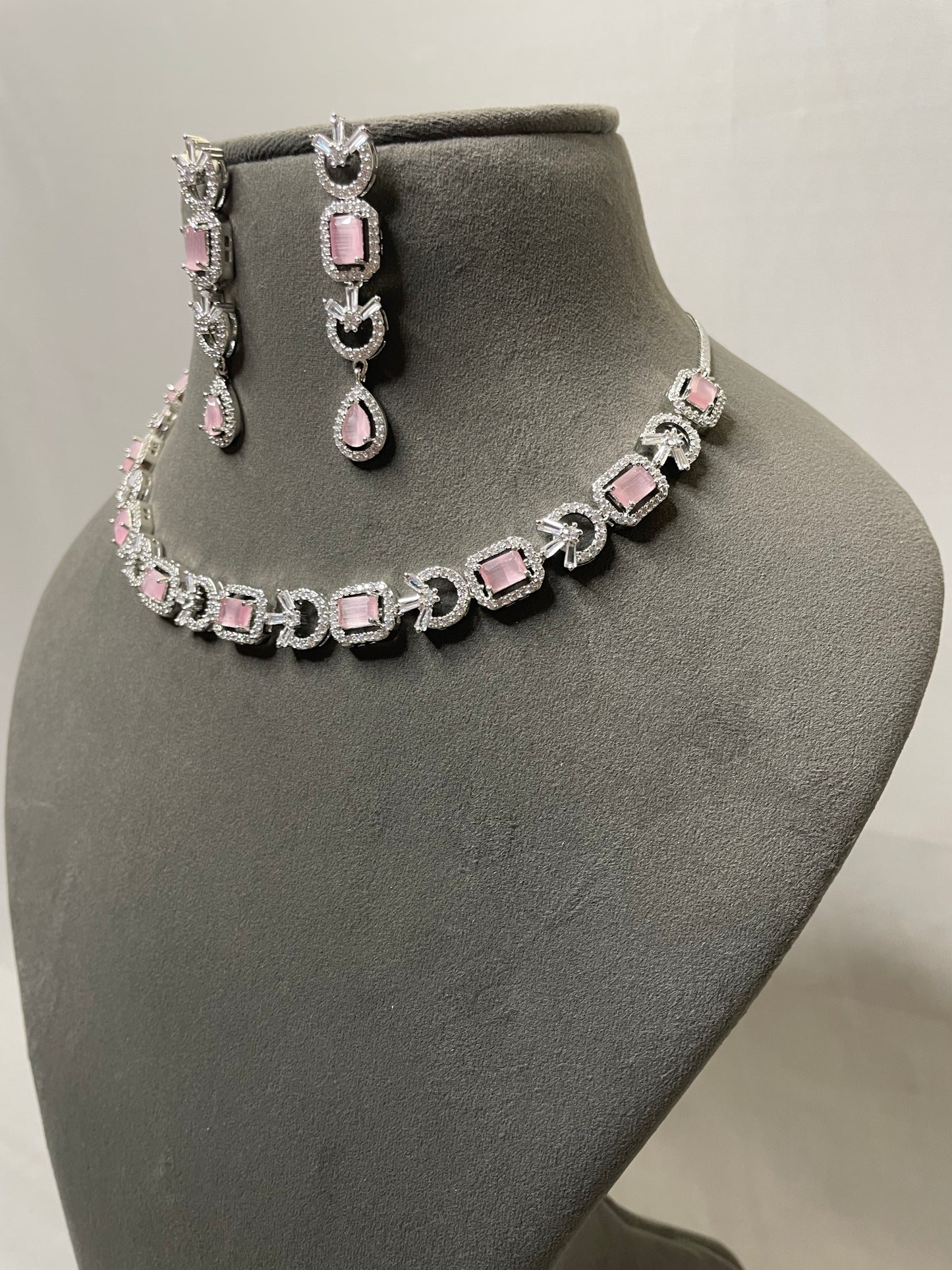 Elegant Round Baby Pink American Diamond Necklace Set