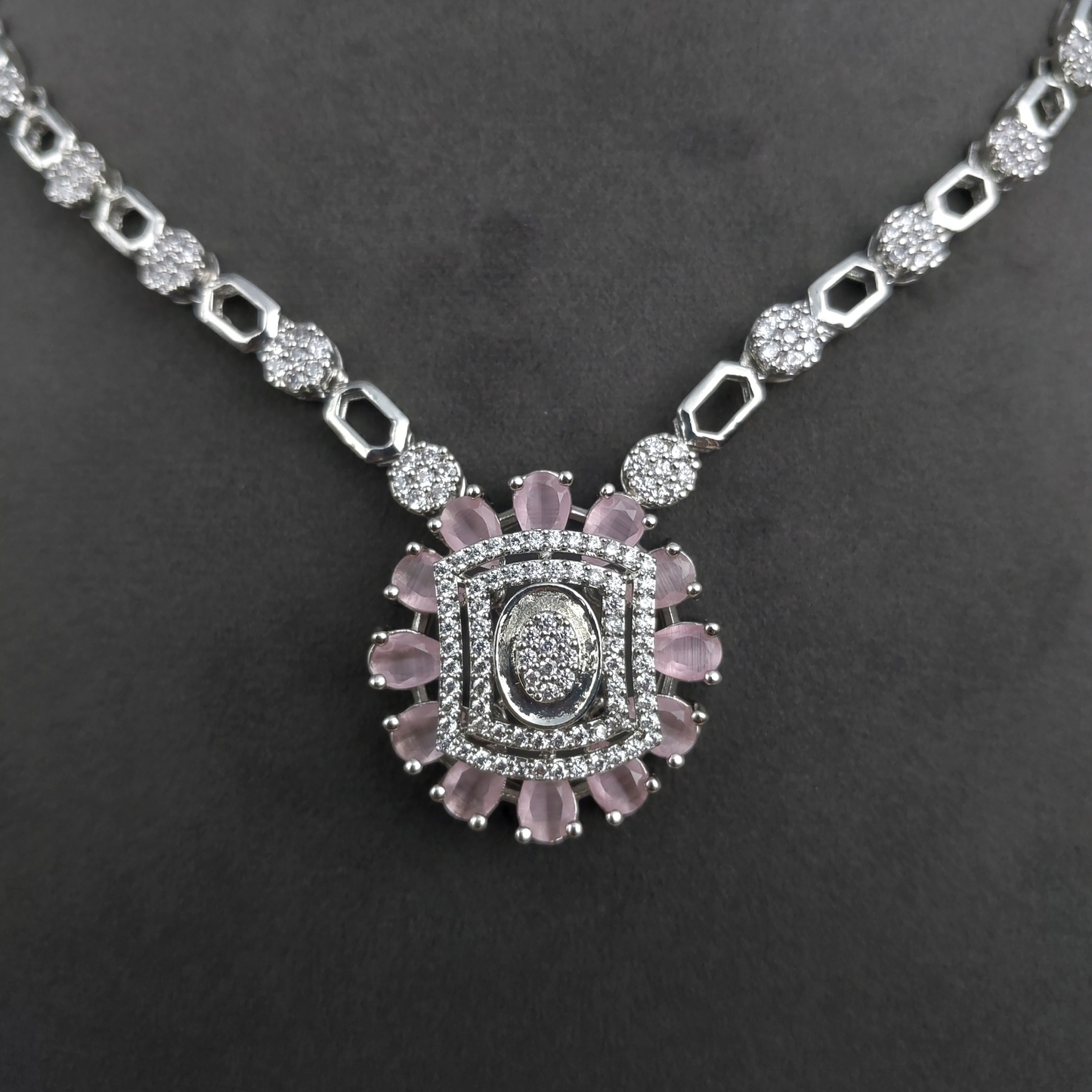 Stunning American Diamond Necklace Set in Baby Pink